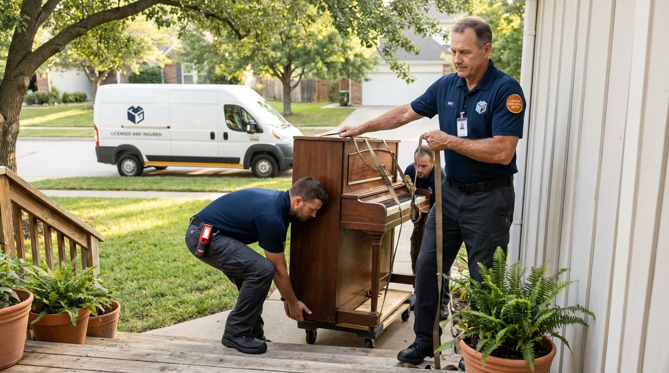 Licensed piano movers securing grand piano in Stone Ridge, NY